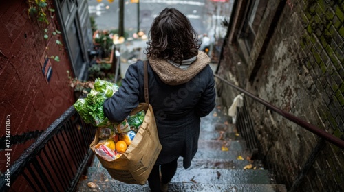Woman carrying groceries up wet city stairs