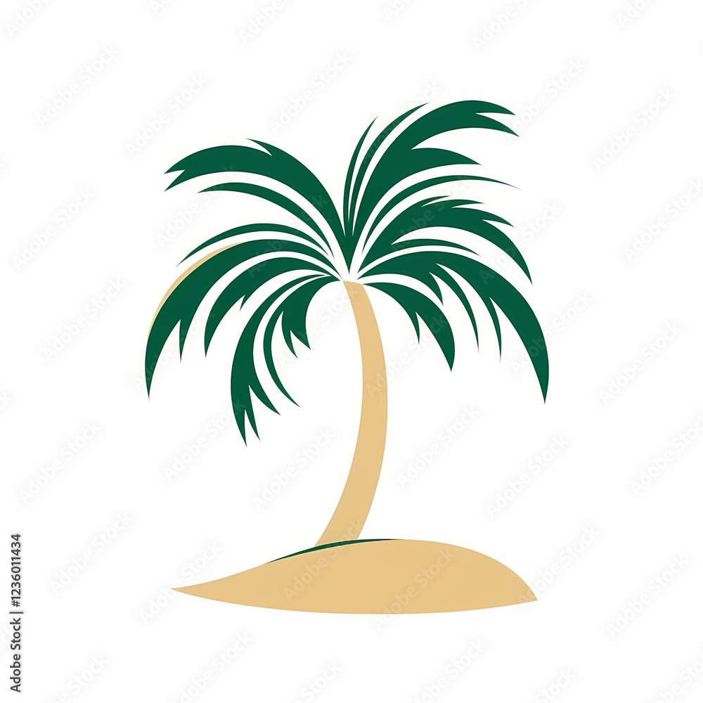 Fototapeta premium Minimalist palm tree illustration with green leaves and sand.