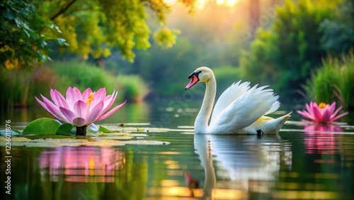 Fototapeta Naklejka Na Ścianę i Meble -  A serene water lily and swan floating together on a calm lake surface amidst lush greenery and vibrant aquatic flowers
