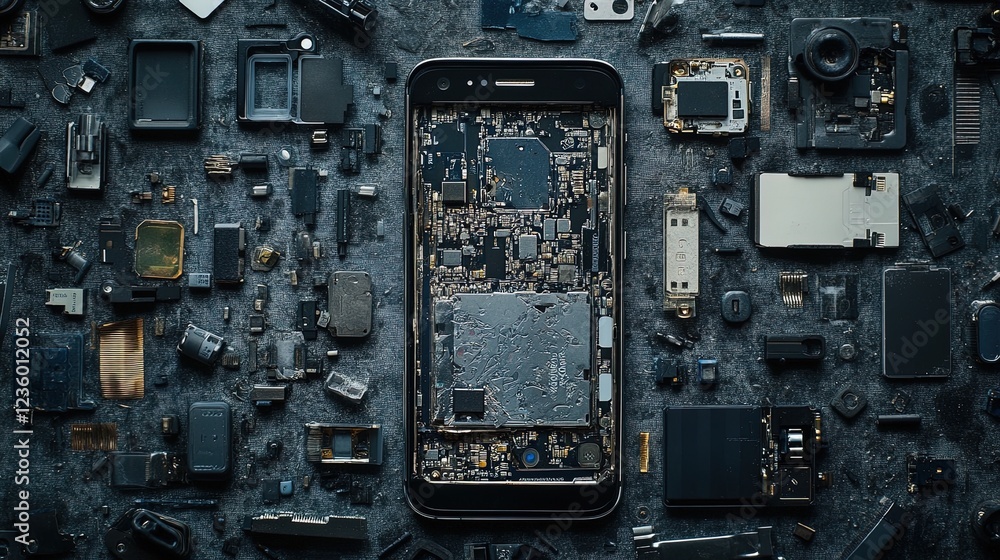 Fototapeta premium Close-up of a dismantled smartphone with components separated, highlighting recycling possibilities 