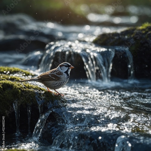 A lone white sparrow sitting on a crystal-clear waterfall, droplets sparkling in the sunlight.