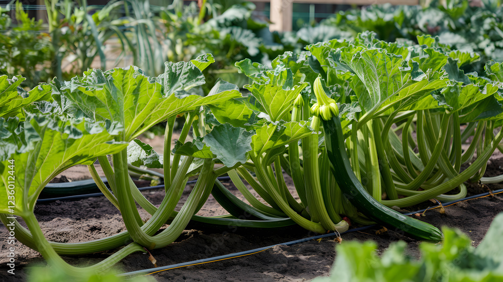 Obraz premium Zucchini plants thriving in a garden patch.