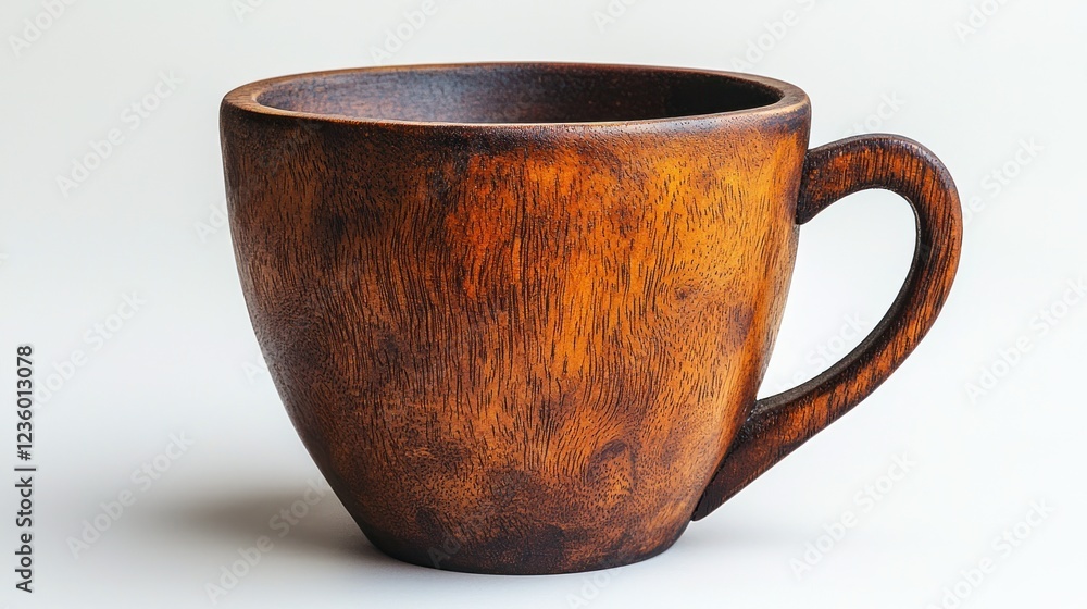 A handcrafted wooden mug sits on a white background A handcrafted wooden mug sits on a white background