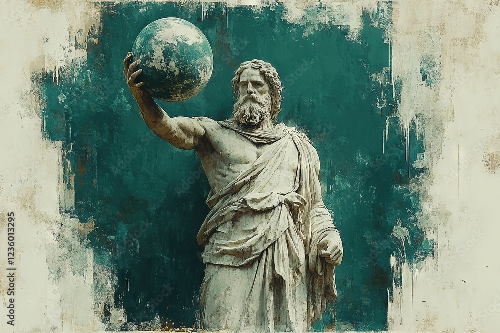 Statue of the Greek God Atlas holding the globe on his hand. Digital artwork. Generative AI Statue of the Greek God Atlas holding the globe on his hand. Digital artwork. Generative AI