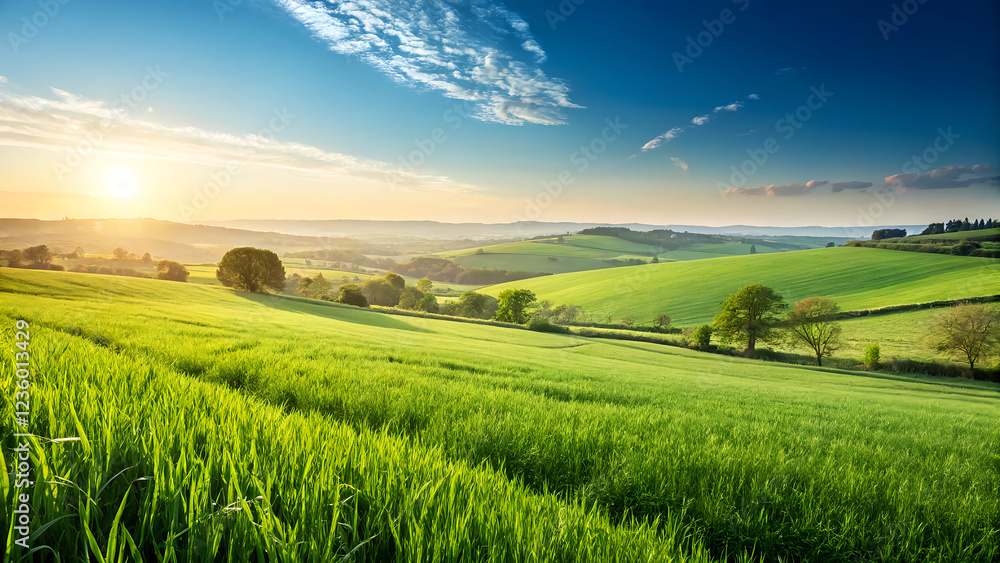 Serenity of Rolling Green Fields Under Vibrant Blue Sky at Sunset Serenity of Rolling Green Fields Under Vibrant Blue Sky at Sunset