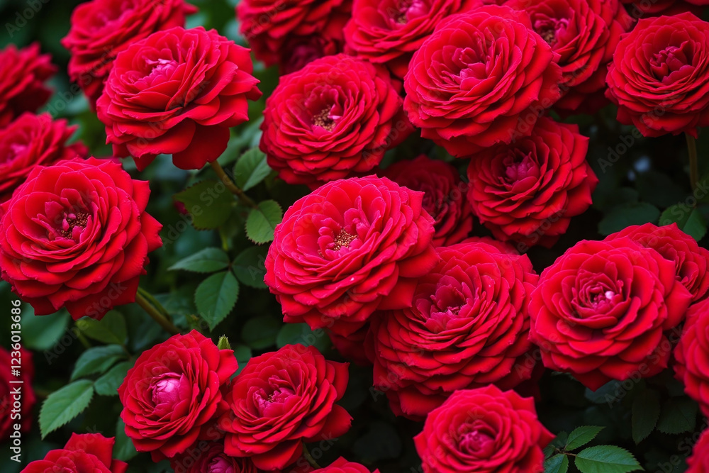 lush dense cluster of red roses with textured petals and green foliage lush dense cluster of red roses with textured petals and green foliage