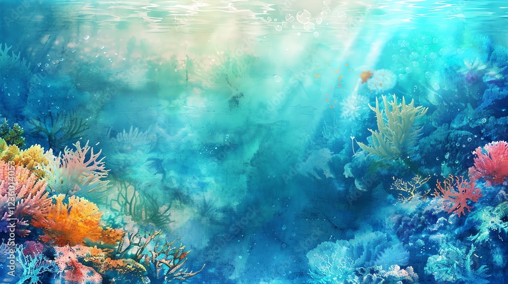 Obraz premium A vibrant underwater scene with colorful coral, fish and sunlight shining through the water.