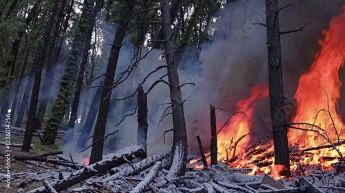 Loop Video of Firewood Burning in Pine Forest, Flames and Smoke Rising from the Woods, Generative AI photo