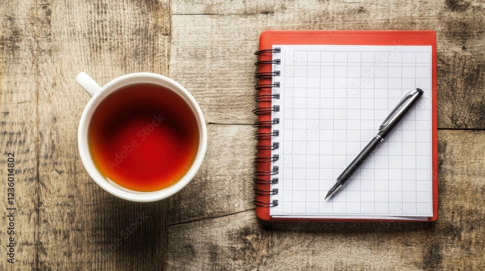 A cup of tea beside an open planner with a pen, representing an organized work-from-home setup A cup of tea beside an open planner with a pen, representing an organized work-from-home setup