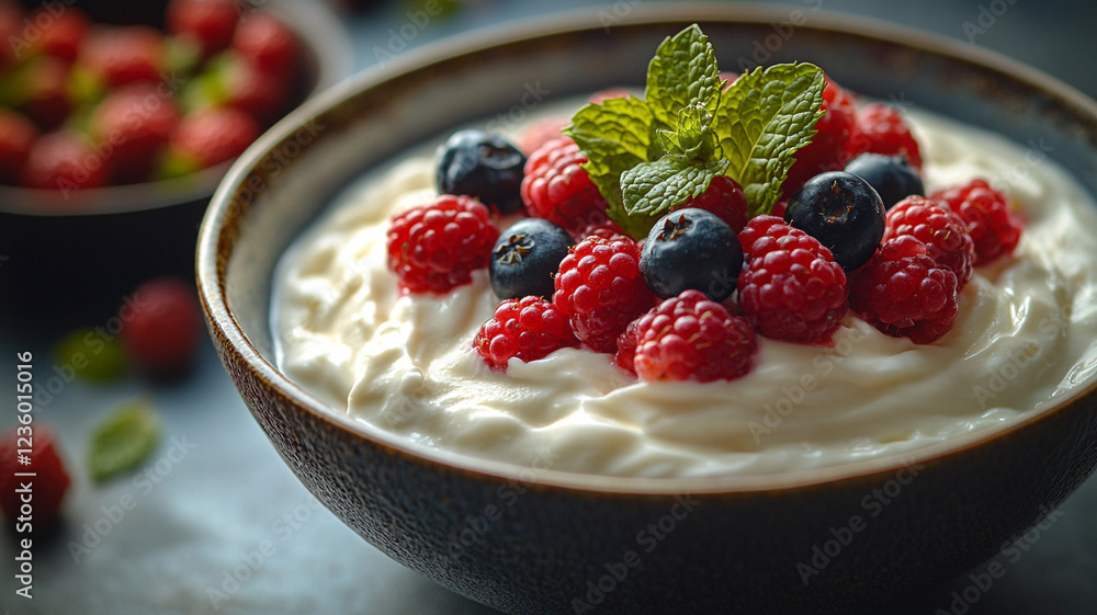Yogurt and berries in a bowl. Yogurt commercial. Yogurt for a cookbook. Yogurt and berries in a bowl. Yogurt commercial. Yogurt for a cookbook.