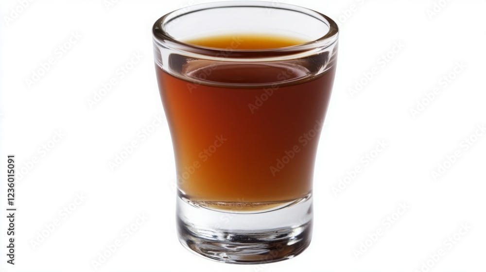 A close-up shot of a small glass filled with a dark amber liquid. A close-up shot of a small glass filled with a dark amber liquid.