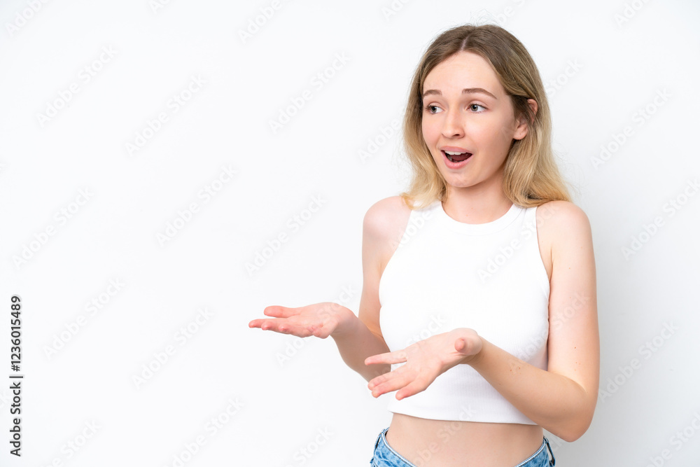 Blonde English young girl isolated on white background with surprise expression while looking side Blonde English young girl isolated on white background with surprise expression while looking side