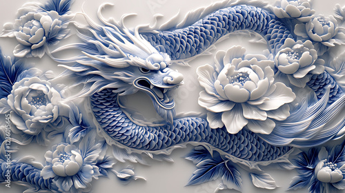 Blue Dragon Peony Relief Carving, Asian Art, Wall Decor