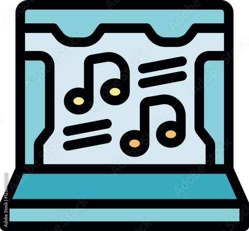 Laptop displaying musical notes, representing online music streaming and digital entertainment