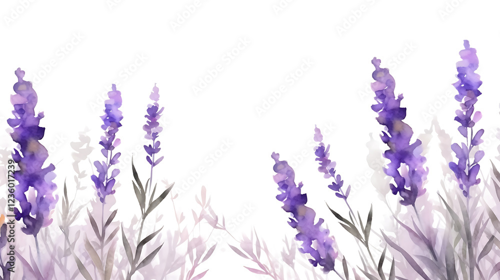 Fototapeta premium Border of tender watercolor lavender flowers border on transparent background, AI generated.