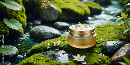 A jar of cream sitting on top of a moss covered rock. photo