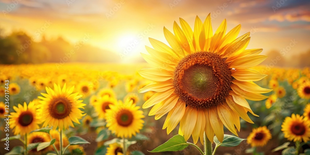 Fototapeta premium A bright yellow sunflower field with tall, swaying flowers and a few scattered petals on the ground , flowers, golden