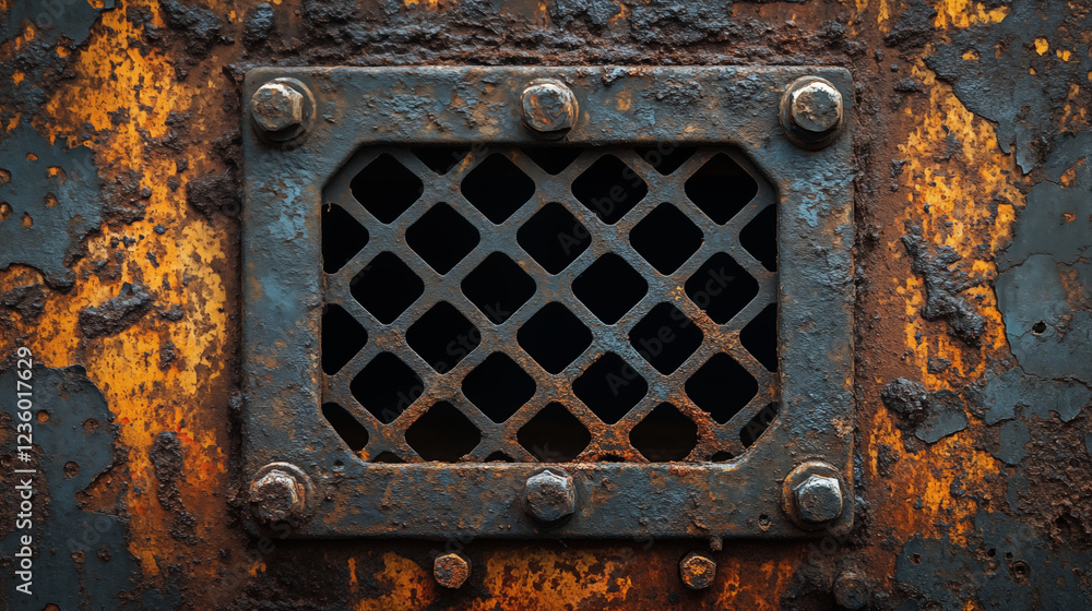 Rustic metal ventilation grate with geometric pattern and weathered surface texture, highlighting industrial architectural detail with orange rust accents Rustic metal ventilation grate with geometric pattern and weathered surface texture, highlighting industrial architectural detail with orange rust accents