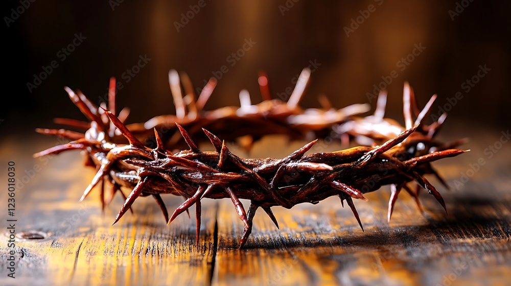 Fototapeta premium A single cross with a crown of thorns resting on it, bathed in soft light.
