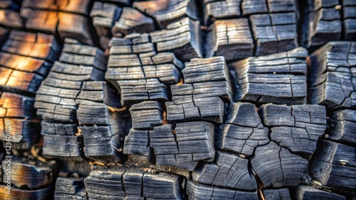 A close-up of charred wood with intricate cracks and crevices revealing the intricate structure of the burned wood. photo