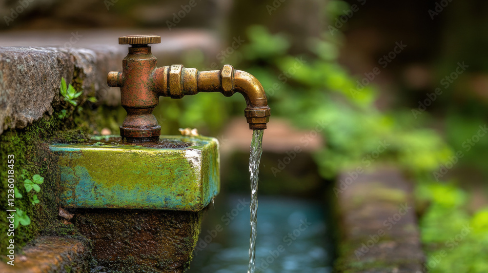 Abreuvoir, A close-up of a brass water spout pouring water, showcasing intricate details and high fidelity in a vibrant image. Abreuvoir, A close-up of a brass water spout pouring water, showcasing intricate details and high fidelity in a vibrant image.