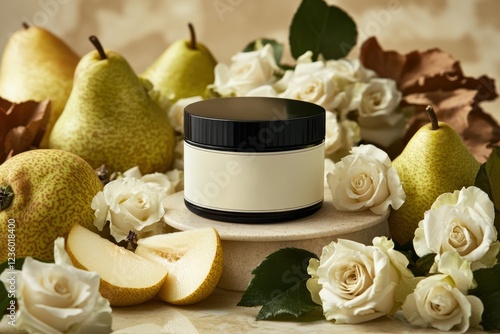Luxurious Pear and Rose Cream Jar with Fresh Ingredients Display