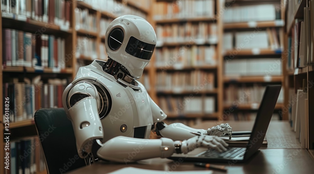Fototapeta premium Robot using laptop in library