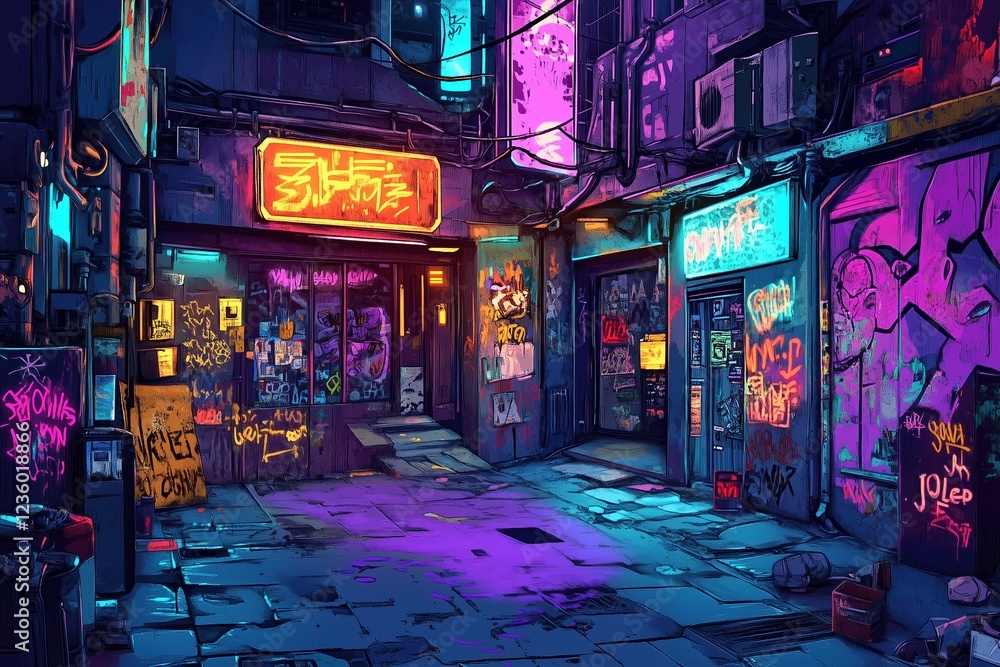 Fototapeta premium Vibrant cyberpunk alley with graffiti and neon lights at night
