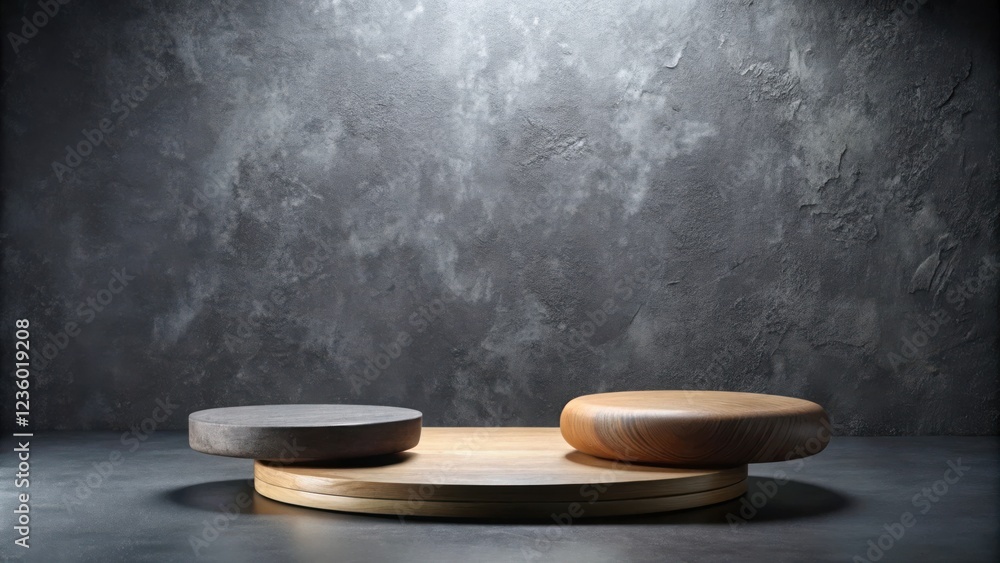 Minimalistic Wooden and Stone Podium on a Dark Textured Background for Product Display Minimalistic Wooden and Stone Podium on a Dark Textured Background for Product Display