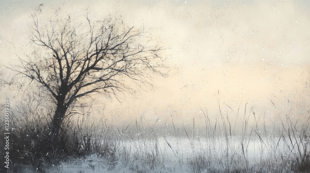 winter landscape with bare tree and snowy field winter landscape with bare tree and snowy field