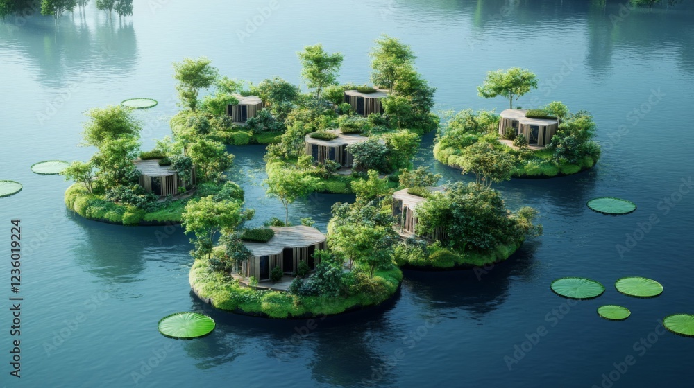 Fototapeta premium Tranquil lake houses nestled amongst lush green islands