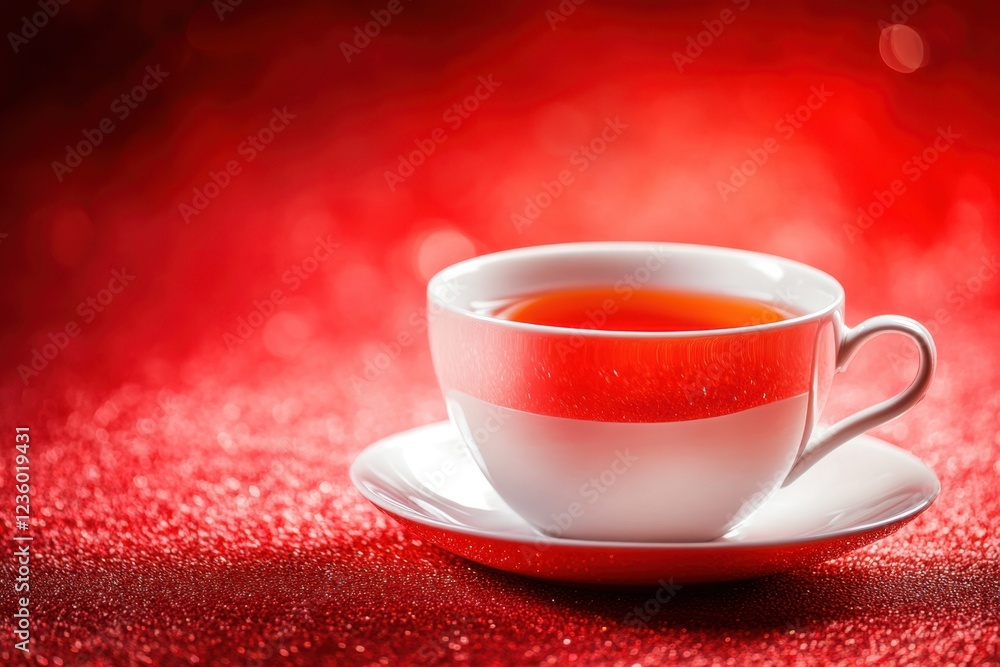 Fototapeta premium A steaming cup of tea sits on a red surface