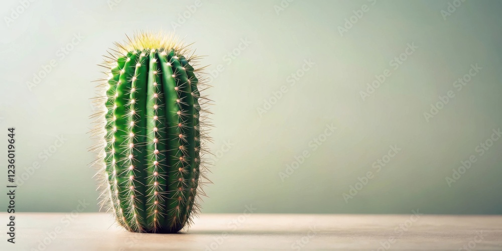 Naklejka premium A single green cactus with sharp spines stands tall against a soft green background. The cactus is a symbol of resilience and growth, reminding us to persevere through difficult times.