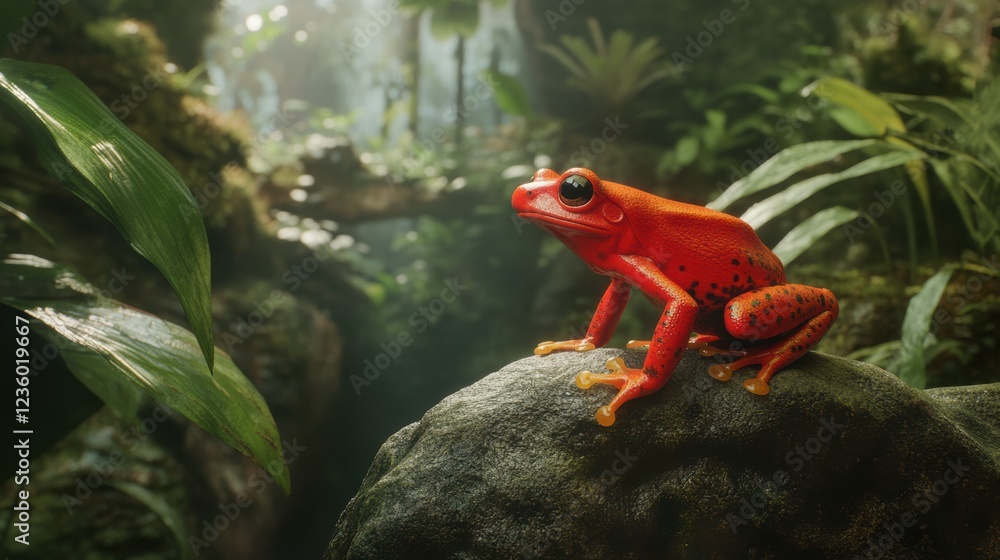 Side View of Bright Red Poisonous Frog on a Stone Side View of Bright Red Poisonous Frog on a Stone