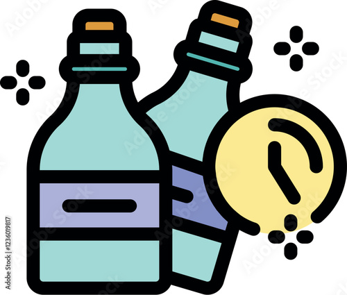 Two bottles with a clock indicating their approaching expiration date, highlighting the concept of limited shelf life for beverages