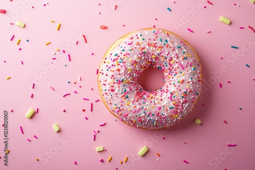 Pink glazed donut with sprinkles on pink background. photo