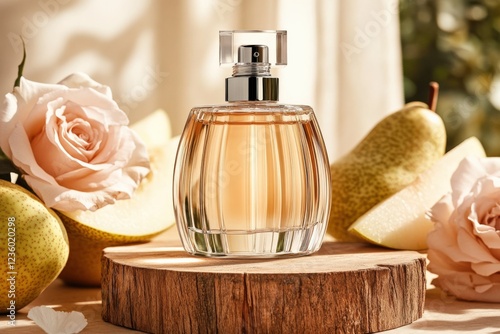 Elegant Perfume Bottle Surrounded by Roses and Fresh Pears