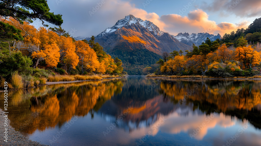 Obraz premium Snow-capped mountain peak reflects in a calm river surrounded by vibrant autumn forest during golden hour.