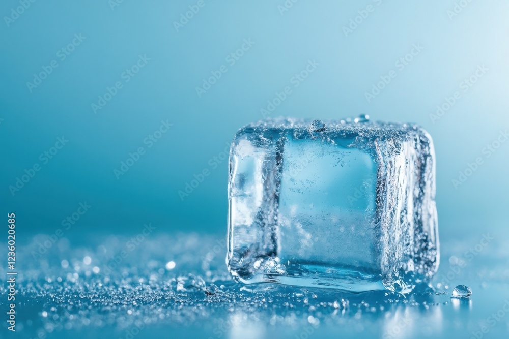 Single Ice Cube Melting On Blue Background Single Ice Cube Melting On Blue Background