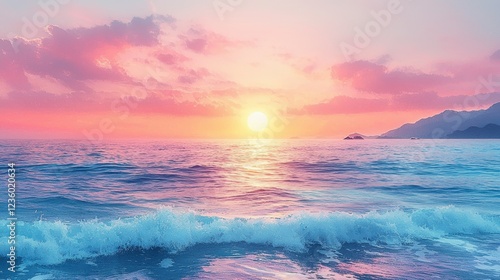 Fototapeta Naklejka Na Ścianę i Meble -  Pink sunset over ocean waves, coastal mountains