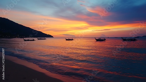 Sunset over tropical beach with boats photo