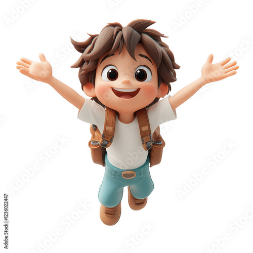 A cartoon boy is flying in the air with his arms outstretched