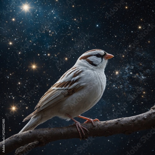 A white sparrow resting on the shoulder of a celestial being surrounded by glowing stars.