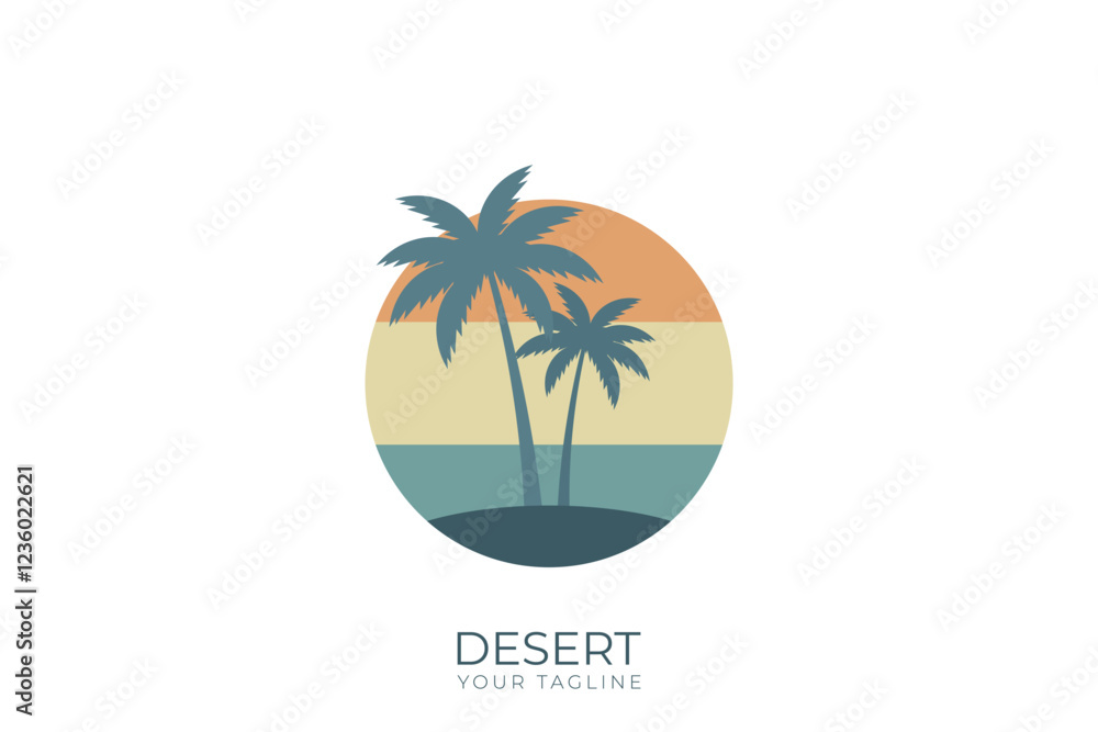 Fototapeta premium A circular desert logo with a minimalist design, a palm tree and cactus logo with retro colors