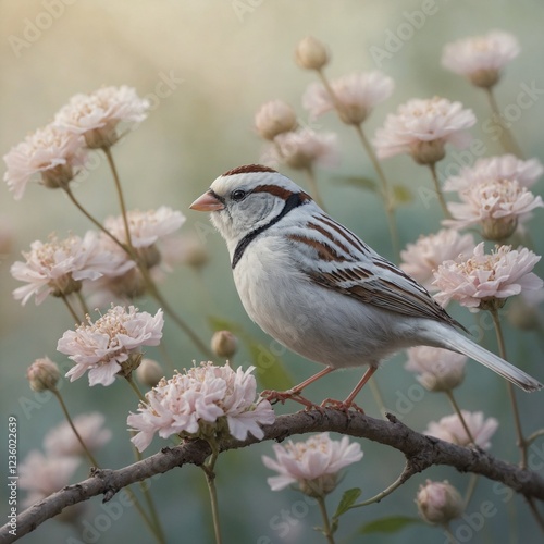 A white sparrow perched on a delicate butterfly wing in a dreamy pastel landscape.