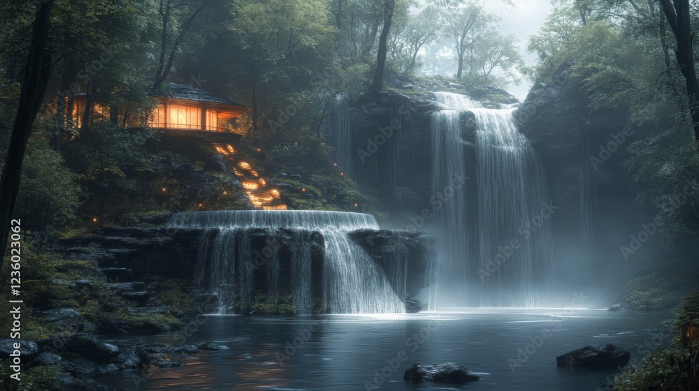 Fototapeta premium Enchanted Waterfall Forest Cabin at Dusk