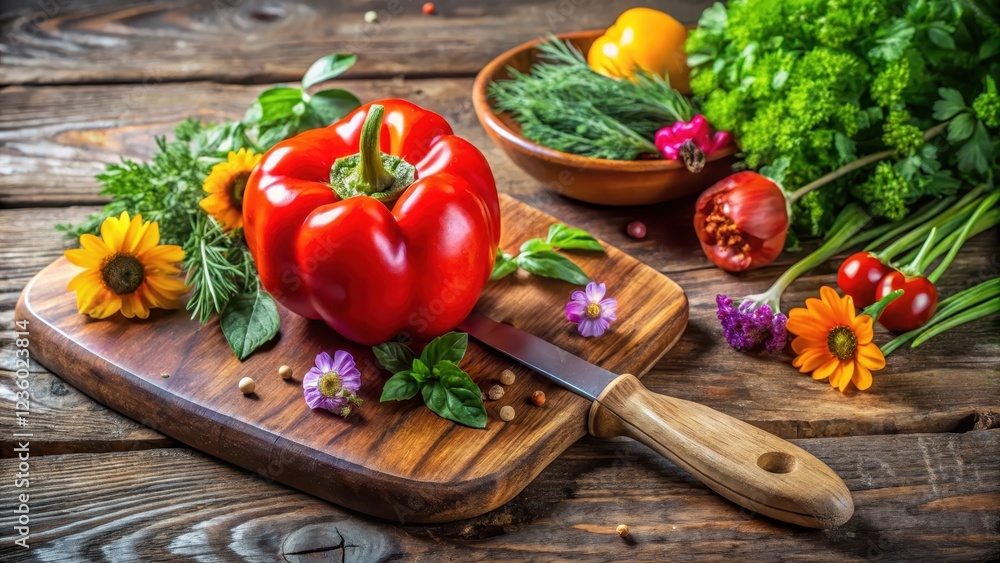 Fresh red bell pepper and ripe tomato on a wooden cutting board, surrounded by fresh herbs and edible flowers, cutting board, wooden utensils Fresh red bell pepper and ripe tomato on a wooden cutting board, surrounded by fresh herbs and edible flowers, cutting board, wooden utensils