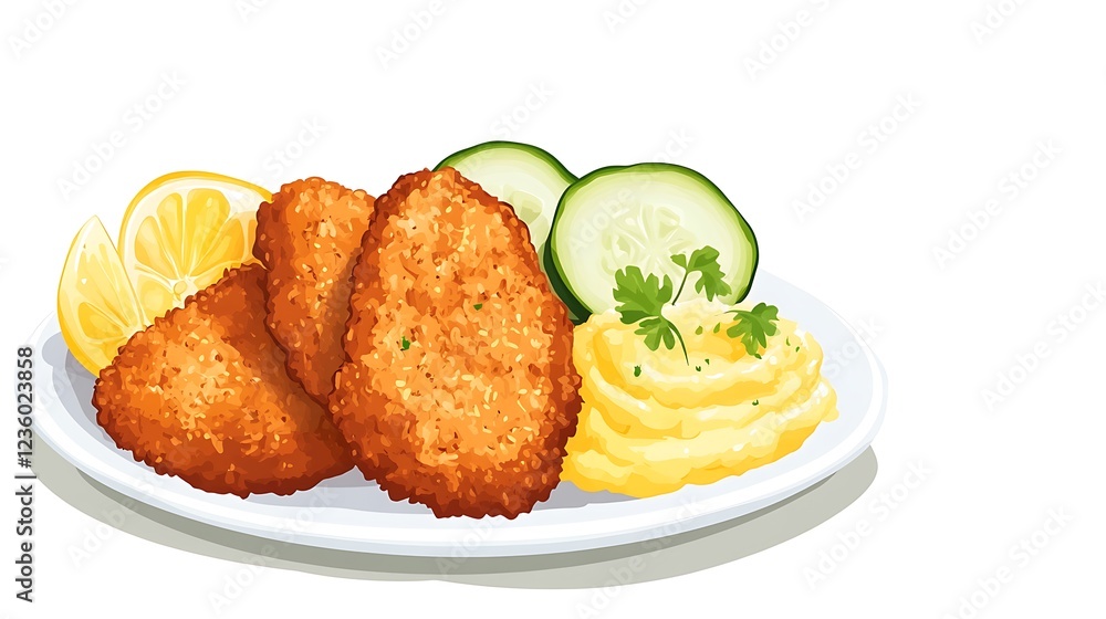 Plate of breaded fried fish with mashed potatoes and lemon slices Plate of breaded fried fish with mashed potatoes and lemon slices