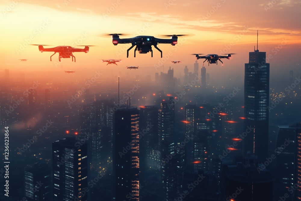 Naklejka premium Futuristic drone fleet patrols urban skyline at dusk over a vibrant cityscape