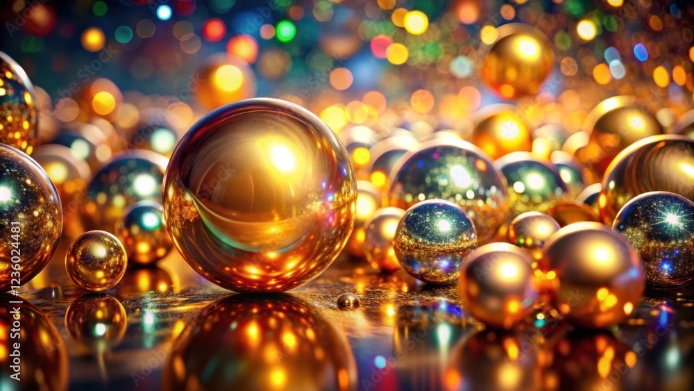 A field of glowing golden orbs, each reflecting the surrounding lights, creating a dazzling spectacle of bokeh and shine A field of glowing golden orbs, each reflecting the surrounding lights, creating a dazzling spectacle of bokeh and shine